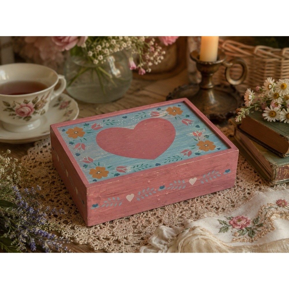 Vtg Hand Painted Sliding Top Wooden Trinket Jewelry Box Heart 90s Cottagecore